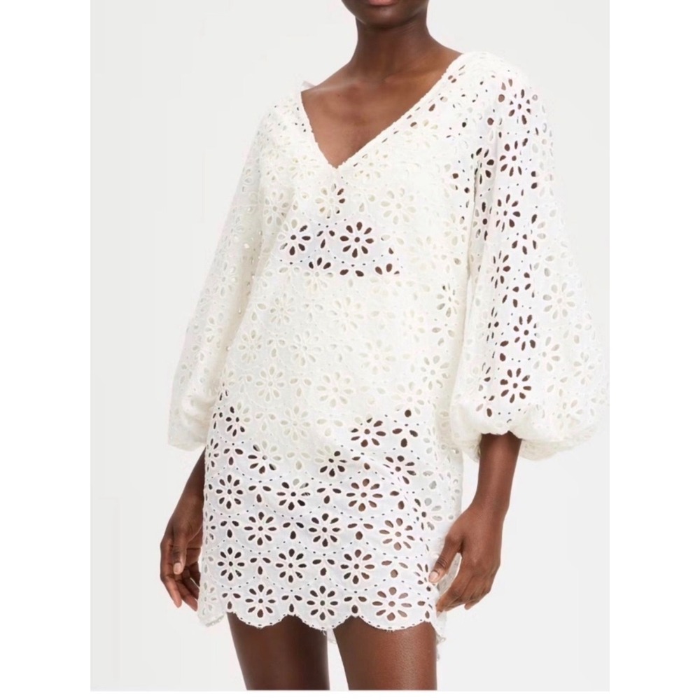 Kate Spade Eyelet Mini Dress large off White Balloon Sleeve Back Tie Boho cotton